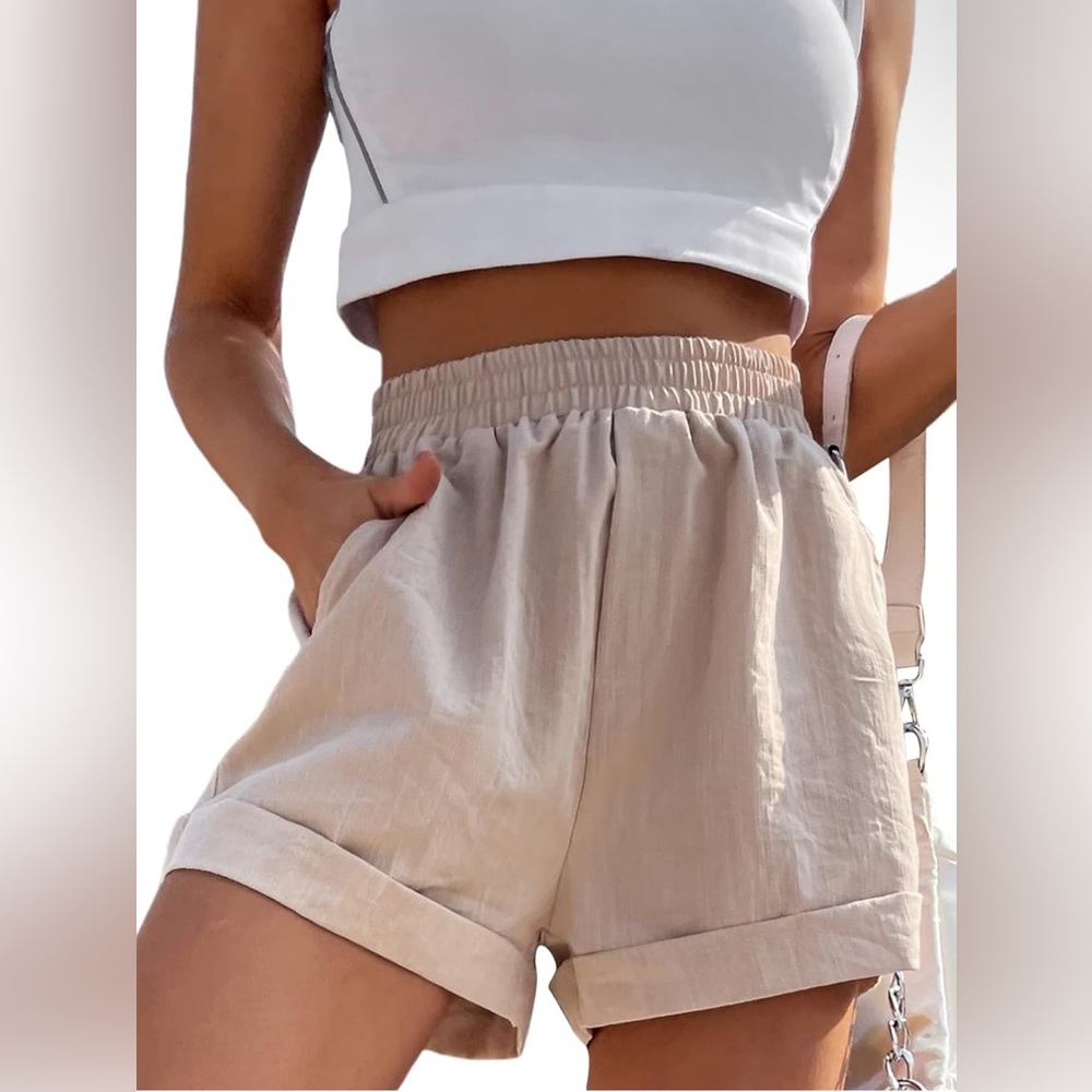 Women's Casual Elastic Waist Rolled Wide Leg Shorts with Pocket- S